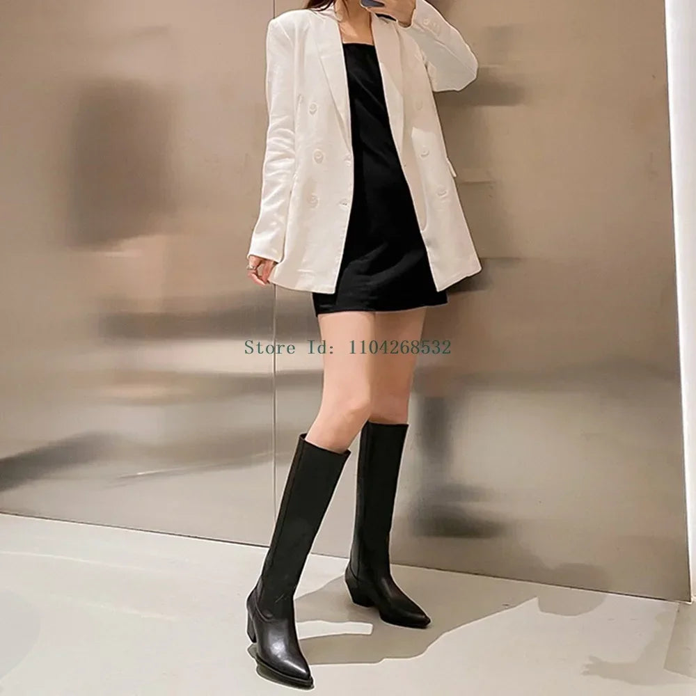 Genuine  Leather Patchwork Knee High Boots Pointed Toe Square Heel Slip On Leather Lining Flock Lining Fashion Lady Womern Boots