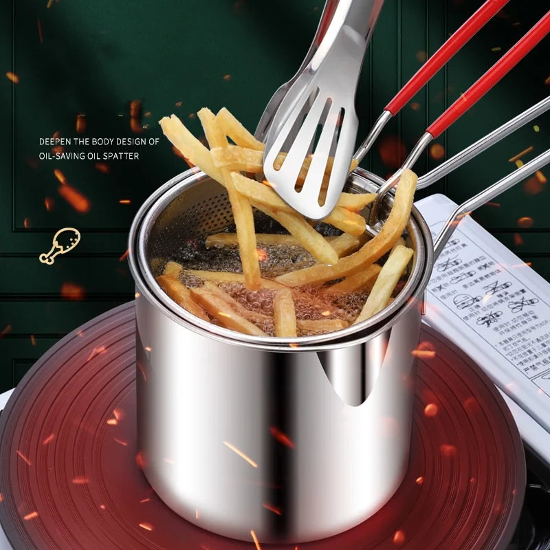 Stainless steel fryer with deep frying basket, multifunctional small pot, stainless steel french fries, fried chicken cookingpot