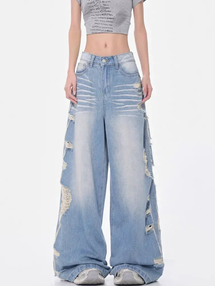 Vintage Blue Ripped Jeans women Streetwear 90s American Retro Y2k Denim Pants 2000s High Waist Straight Loose Casual Trousers