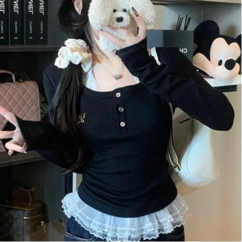 Autumn Womern Y2k Tops Casual Fashion Japanese T Shirt Fake Two T Shirts Women Clothing Patchwork Lace Tunic Long Sleeve Tees