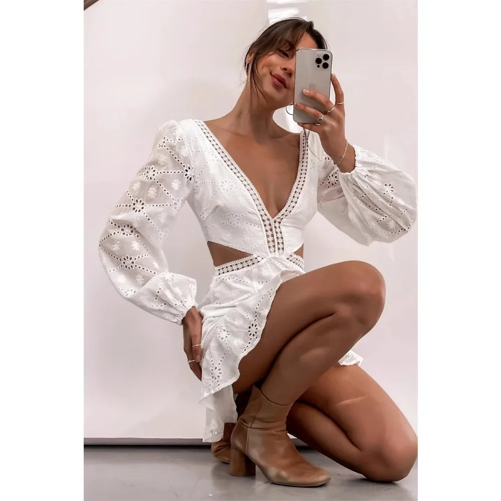 TWOTWINSTYLE Solid Hollow Out Slimming Dresses for Womern V Neck Long Sleeveless Temperment Dresses Female New