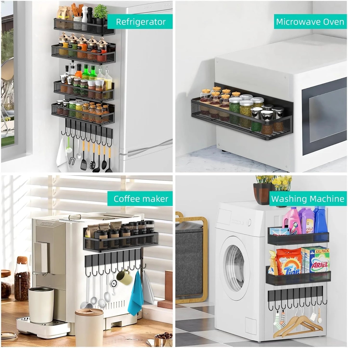 No Drill Magnetic Refrigerator Organizer Heavy Duty Carbon Steel Shelf 15kg Strong Hold Kitchen Storage for Spice & Condiments