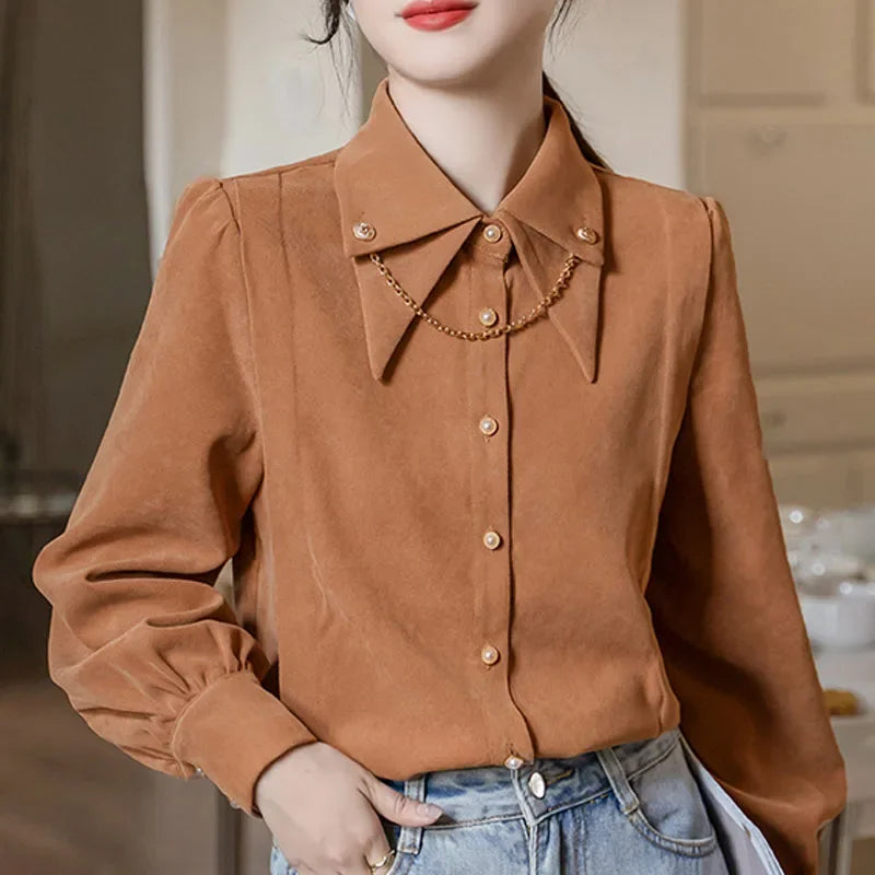 New Winter Casual Shirts Long Sleeve Turn Down Collar Womern Shirt  Adding Velvet and Thickening Blouses Womens Tops Blusa D187