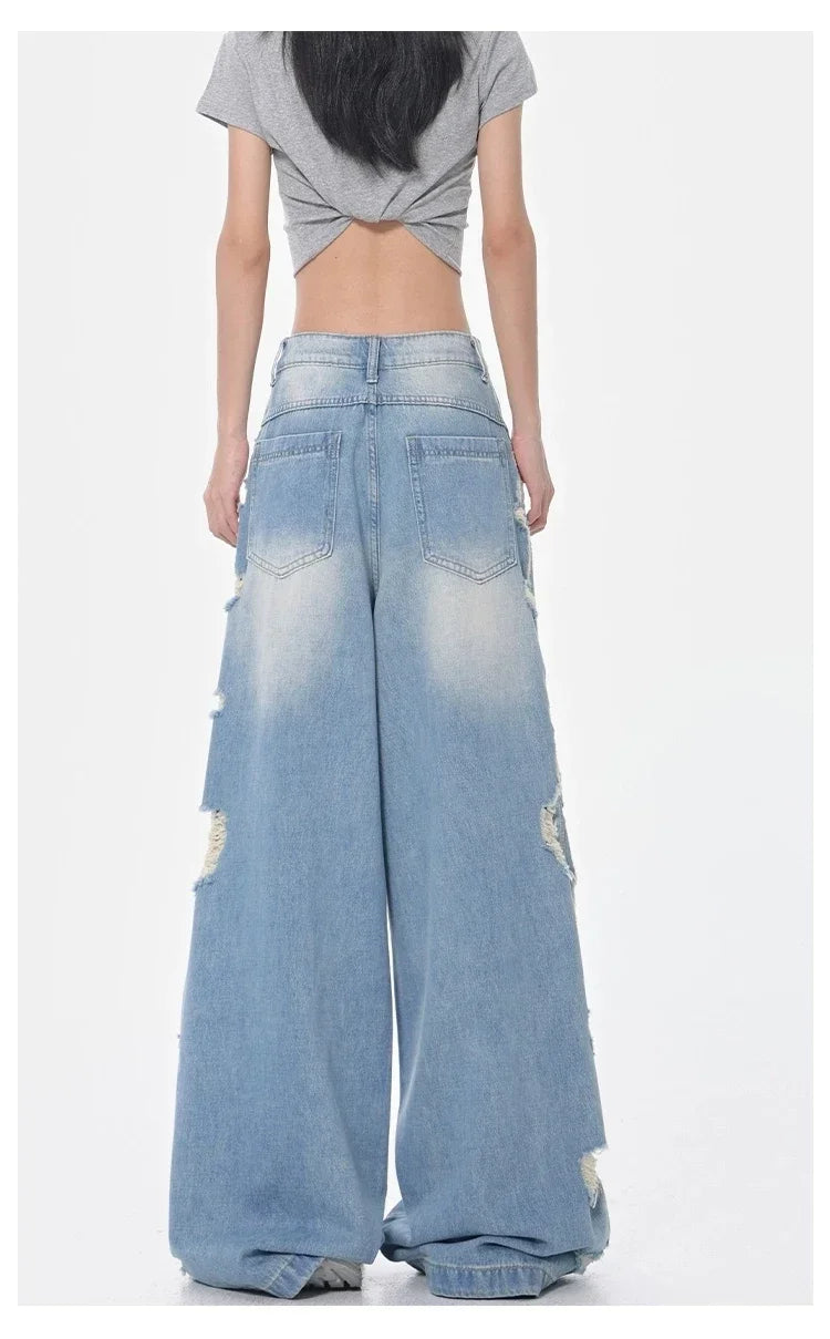 Vintage Blue Ripped Jeans women Streetwear 90s American Retro Y2k Denim Pants 2000s High Waist Straight Loose Casual Trousers