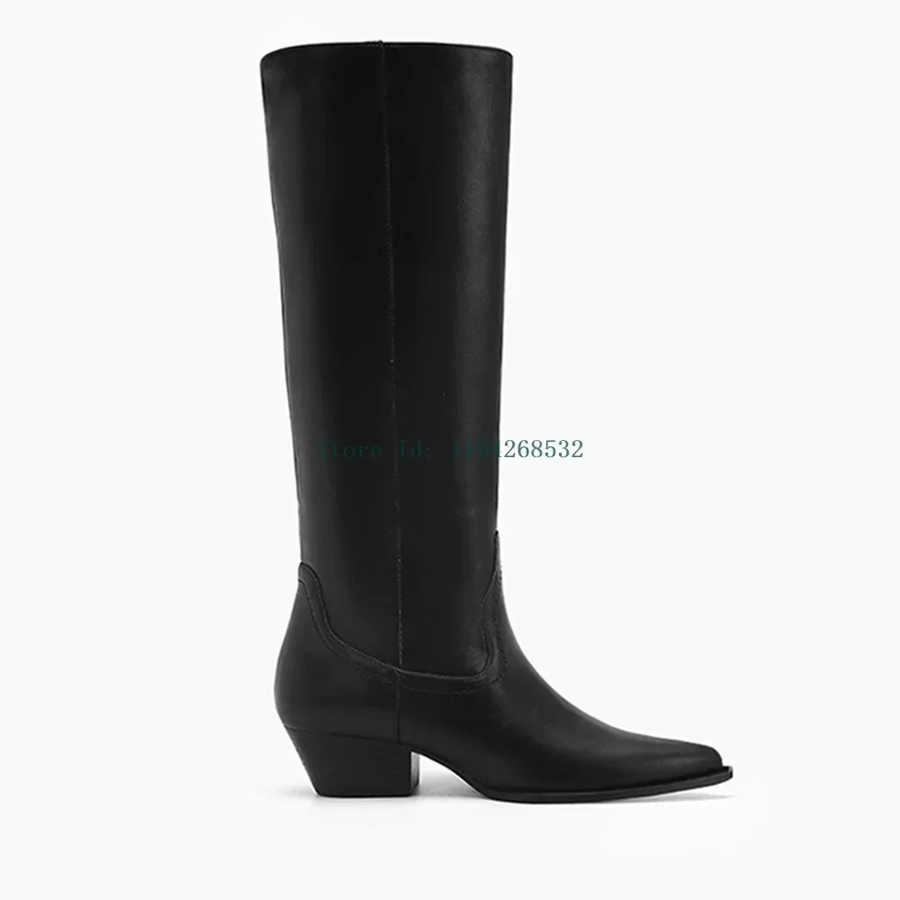 Genuine  Leather Patchwork Knee High Boots Pointed Toe Square Heel Slip On Leather Lining Flock Lining Fashion Lady Womern Boots