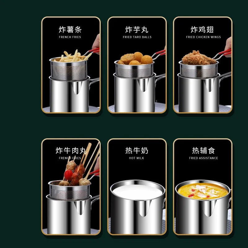Stainless steel fryer with deep frying basket, multifunctional small pot, stainless steel french fries, fried chicken cookingpot