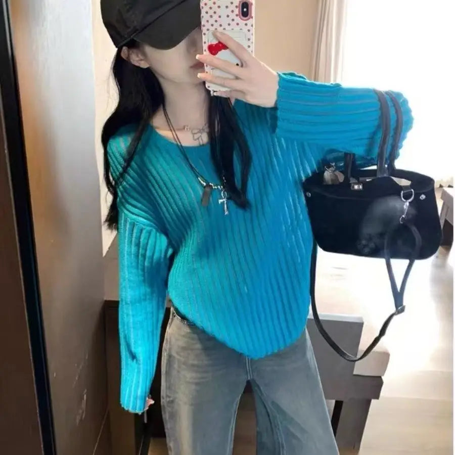 Hollow Out Knitted Stripe Slash Neck Sweater Women Oversize Autumn Winter Long Sleeve Lady Pullovers Lazy Style Blouse Sweater