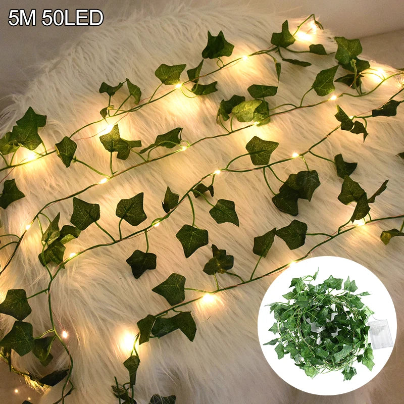 2/5/10M Silk Leaves Fake Creeper Green Leaf Ivy Vine LED String Lights for Home Wedding Party Hanging Garland Artificial Plants