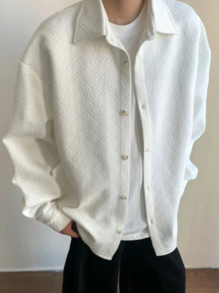 New Casual Mens Long Sleeve Cardigan Tops Fashion Jacquard Textured Shirts Men Spring Autumn Daily Leisure Buttoned Lapel Shirt