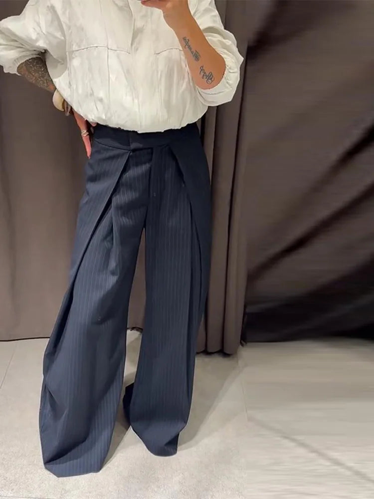 Fashion Chic Irregular Striped Long Pants For Women High Waist Loose Trouser 2025 Autumn Winter Fashion Female Daily Casual Pant