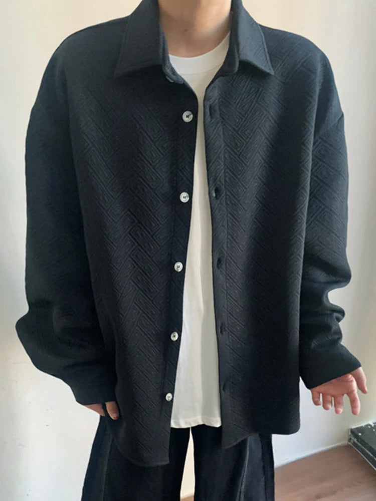 New Casual Mens Long Sleeve Cardigan Tops Fashion Jacquard Textured Shirts Men Spring Autumn Daily Leisure Buttoned Lapel Shirt
