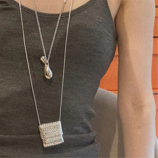 Metal Woven Bag Long Necklace Female Korean Niche Ins Personality Unique Fashion Versatile Necklace Sweater Chain  for Womern
