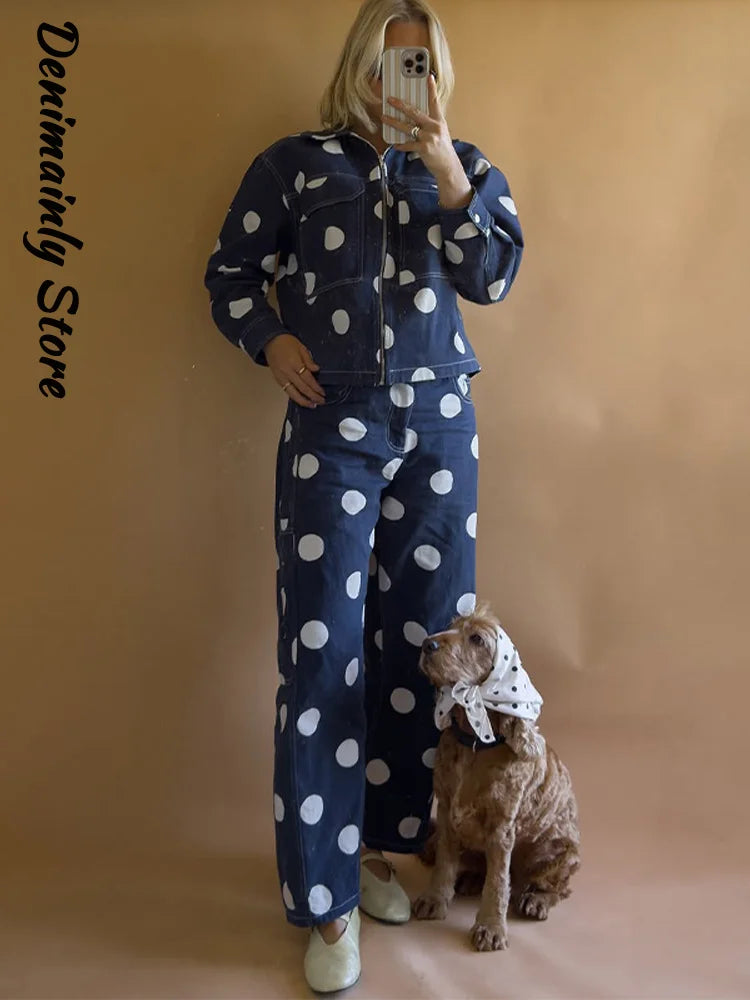 Fashion Polka Dots Blue Denim Jacket Pants Set Women Lapel Full Sleeve Zipper Top Wide Leg Trousers 2025 Autumn New Lady Outfits